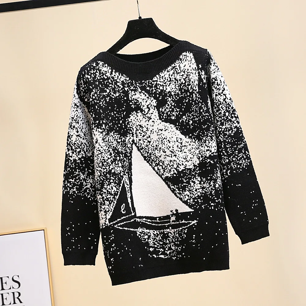 Вязаный свитер с вырезом лодочкой, Женский пуловер с рисунком парусника, новинка, осенняя мода, повседневный свободный, шикарный, Sueter Mujer, C-392 - Цвет: Черный