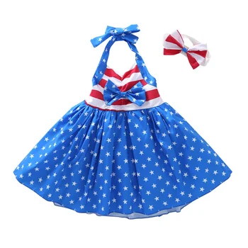 

2020 New Kids Girls Halter Dress Stars Striped Print Bowknot Decor Backless Dress with Headwear for Summer
