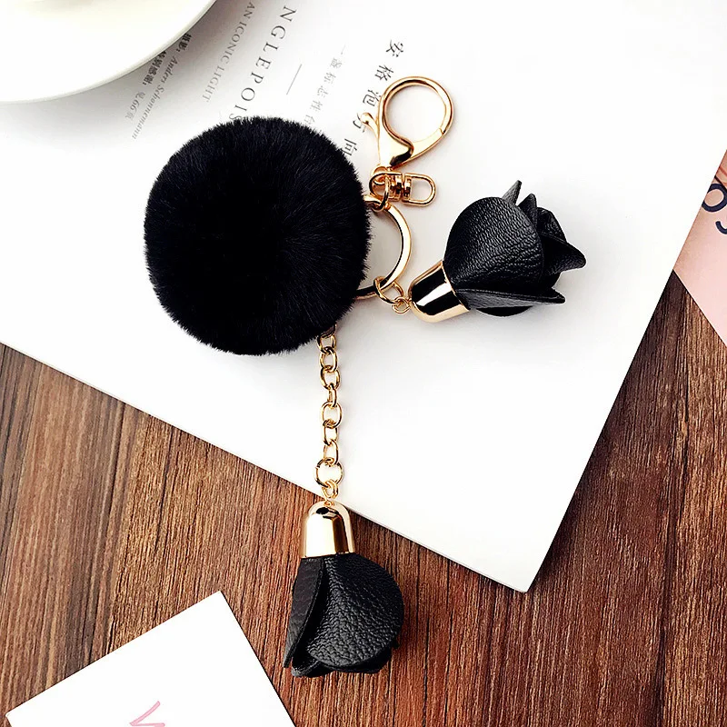 

Cute PomPom Pompon Keychain Faux Rabbit Fur Leather Key chain Pom pom Car Key rings Woman Bag Charms for key accessories A0735