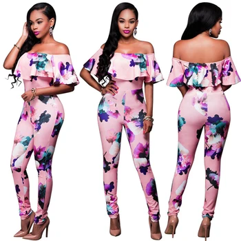 

Fashion Women summer short sleeve ruffles off shoulder floral print party Clubwear playsuit skinny Jumpsuit Romper Trousers