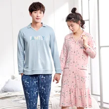 Новые осенние с длинным рукавом любителей пижамы Для мужчин и Для Женщин пижамы Хлопок Домашняя одежда свободные пара пижамы наборы