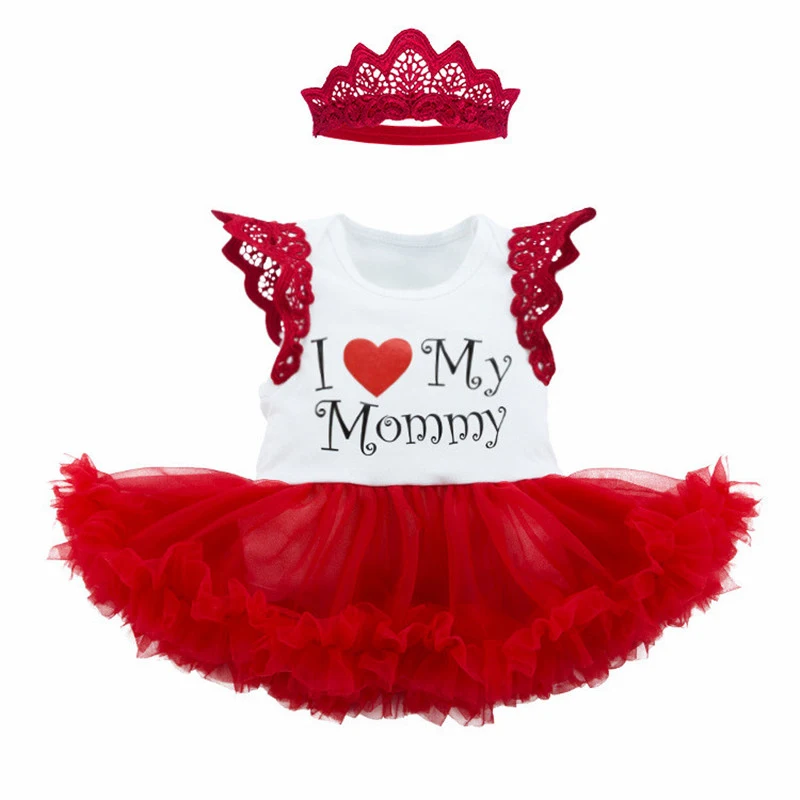 

I LOVE MY MOMMY Baby Clothes Girls Mother's Day Gift Lace Pettis Red Dress Crown Vestido De Bebe Christmas Infant Girl Dresses