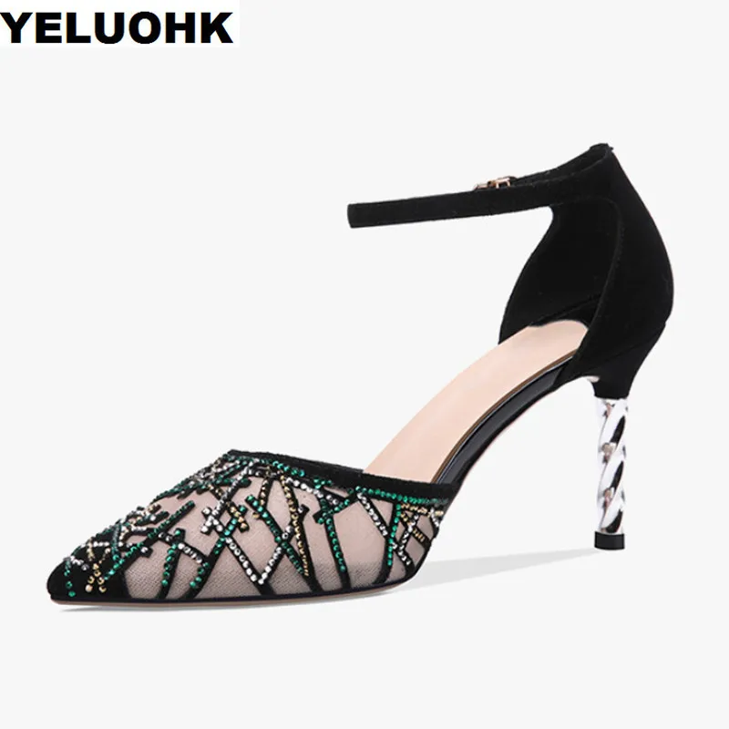 

Brand Air Mesh Sexy High Heels Women Shoes Pointed Toe Sandals Women Summer Stilettos Wedding Shoes Rhinestone Pumps