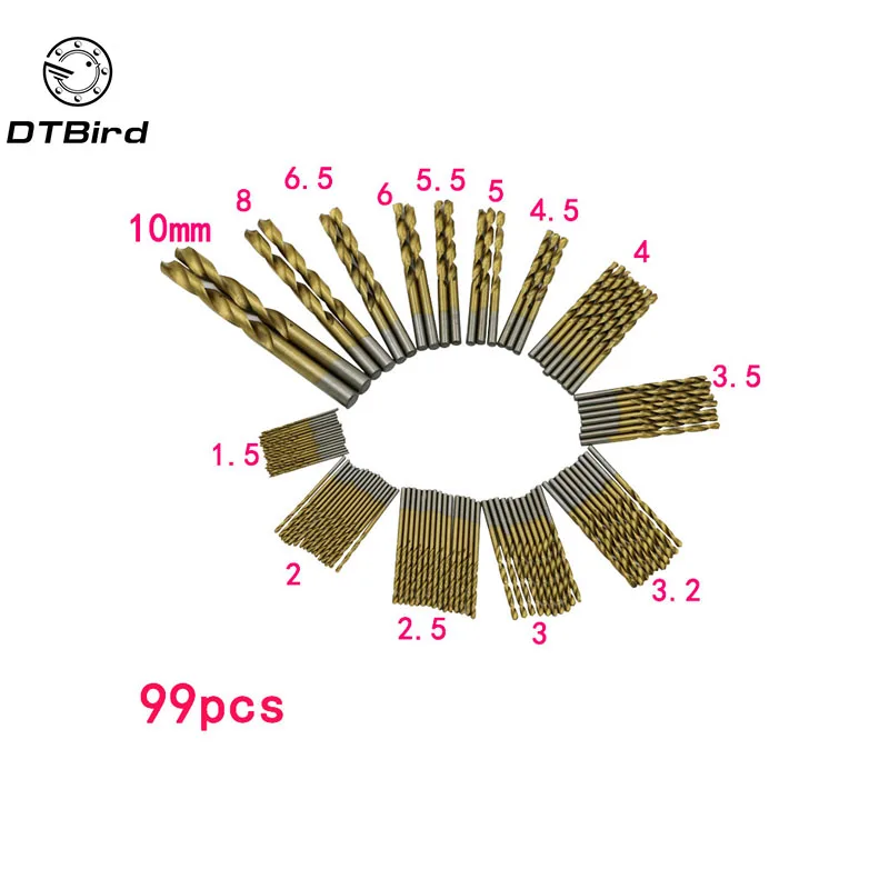99pcs Titanium HSS Drill Bits Coated 1.5mm 10mm Stainless Steel HSS