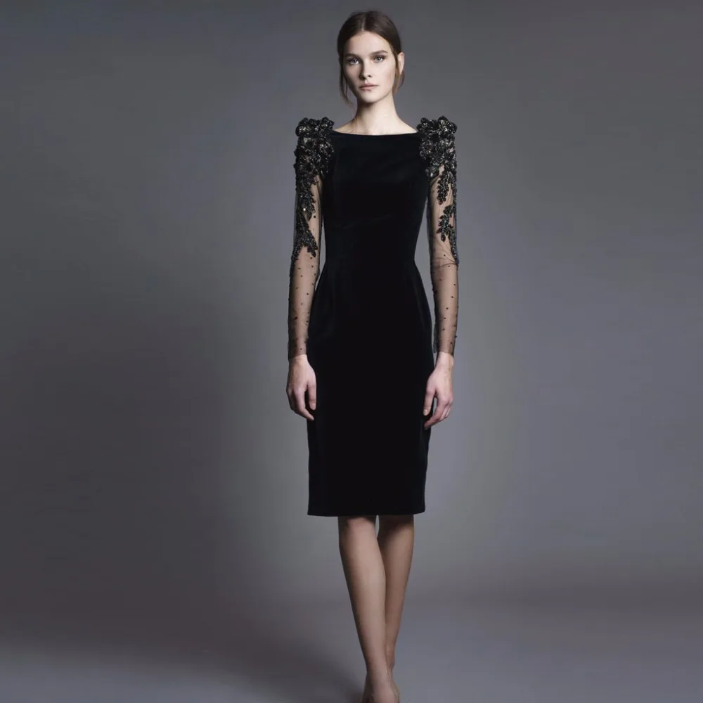 Black 2018 Velvet Knee Length Women Dress With Long Sleeves Shiny