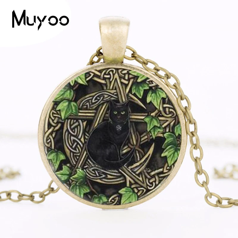Женская круглая подвеска с кулоном Wicca черная купольная в виде кота подарочное