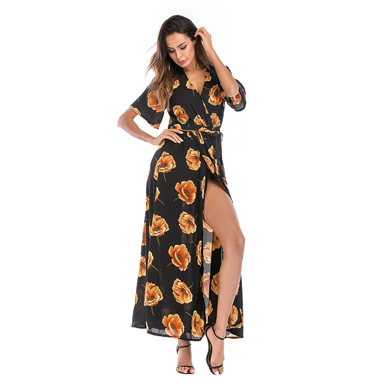 2018 Summer Print Sexy Lace Up V-Neck Women Maxi Dresses Summer Split Backless Beach Vestidos Boho Ankle-Length Dress Dresses