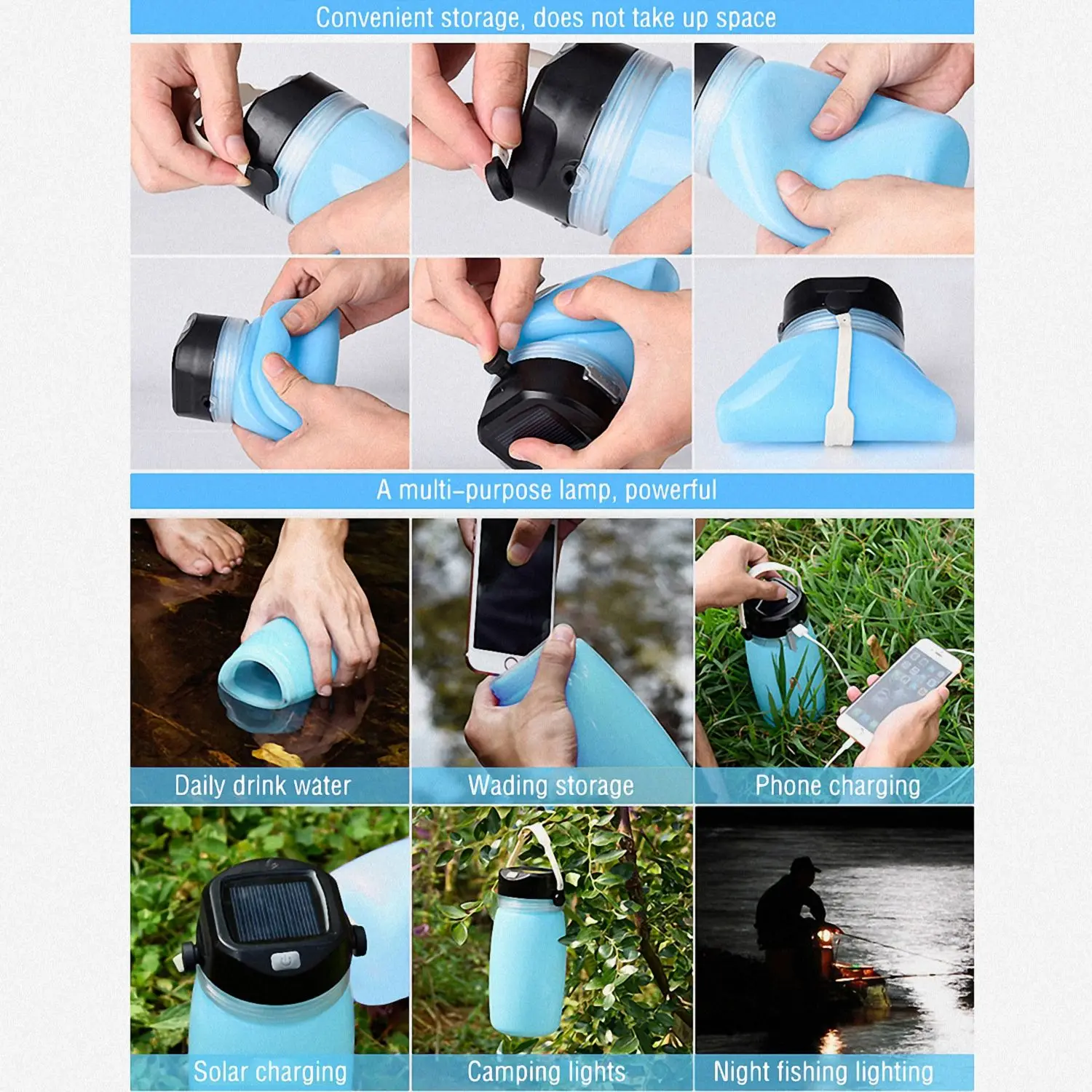 الرياضة السفر التخييم زجاجة ماء سيليكون لينة لطي للمأكولات سيليكون-الشمسية USB شحن-الدراجات التخييم ليلة L