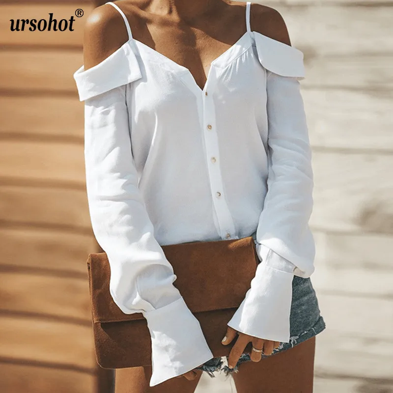 Najtaniej Ursohot Off Ramię Pasek Bluzka Koszule Damskie 2018 Lato Jesień Z Długim Rękawem Przyciski Zwykły Luźne Topy Streetwear Biały Blusas