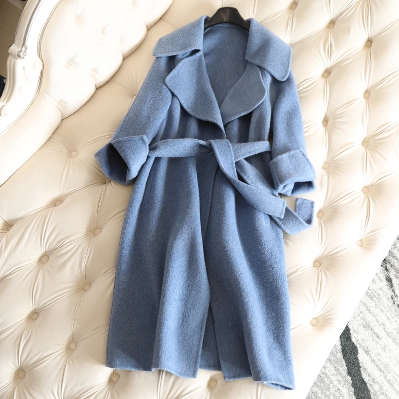 

2018 New Autumn Winter Cashmere Coat Long Women's Woolen Coat Solid Big V-neck Casual Female Overcoat Womens Wool Coats Sapphire