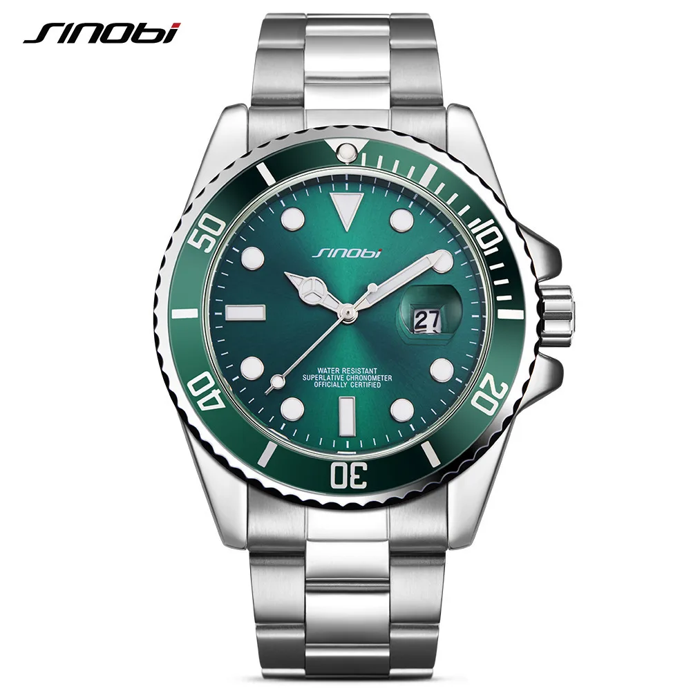 

SINOBI Date Calendar Men Watches Business New Generation Rotatable Bezel Oyster Steel Bracelet Wristwatch Waterproof 2018 New