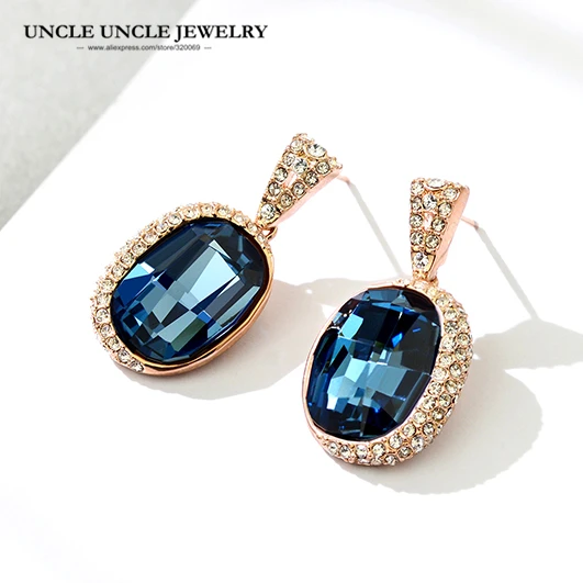

High Quality Big Crystal Dark Blue Woman Earrings Rose Gold Color Zirconia Luxury Earring Wholesale Christimas Gifts Drop Ship