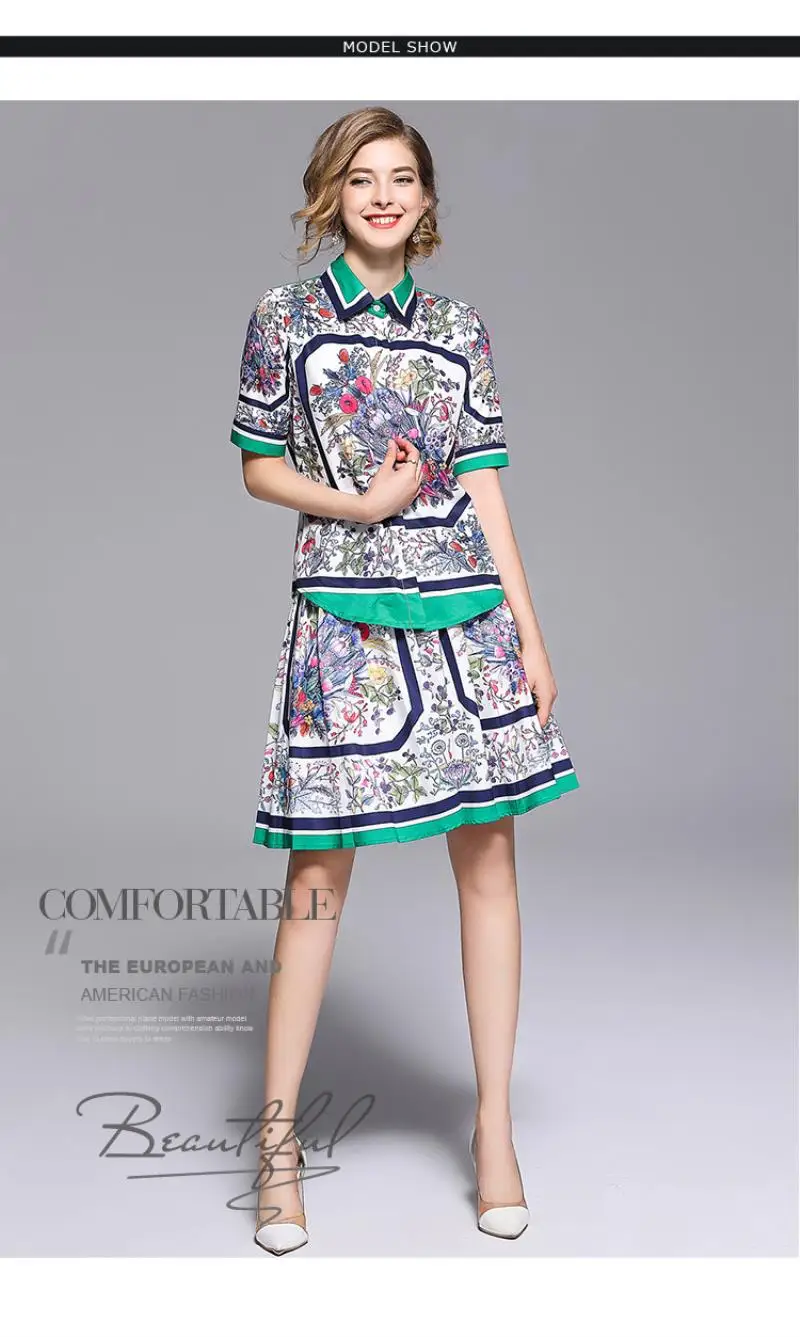 European women's wear 2018 The new summer With short sleeves lapel Stripe edge Floral print shirt + Pleated skirt  printing suit