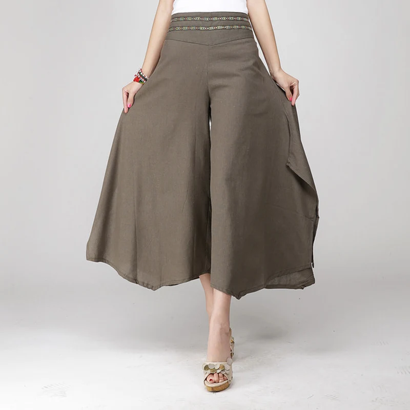 

Solid Coffee Female's Irregularly Loose Flares Cotton Linen Cropped Tulip Trousers Ankle-Length Pants One Size