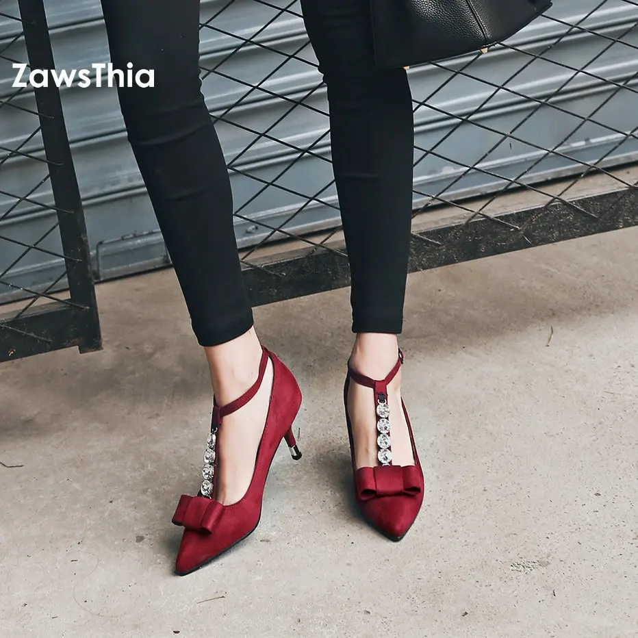 

ZawsThia fashion young girl black burgundy woman's thin high heels with beads & buckle T-strap mary janes pumps women plus size