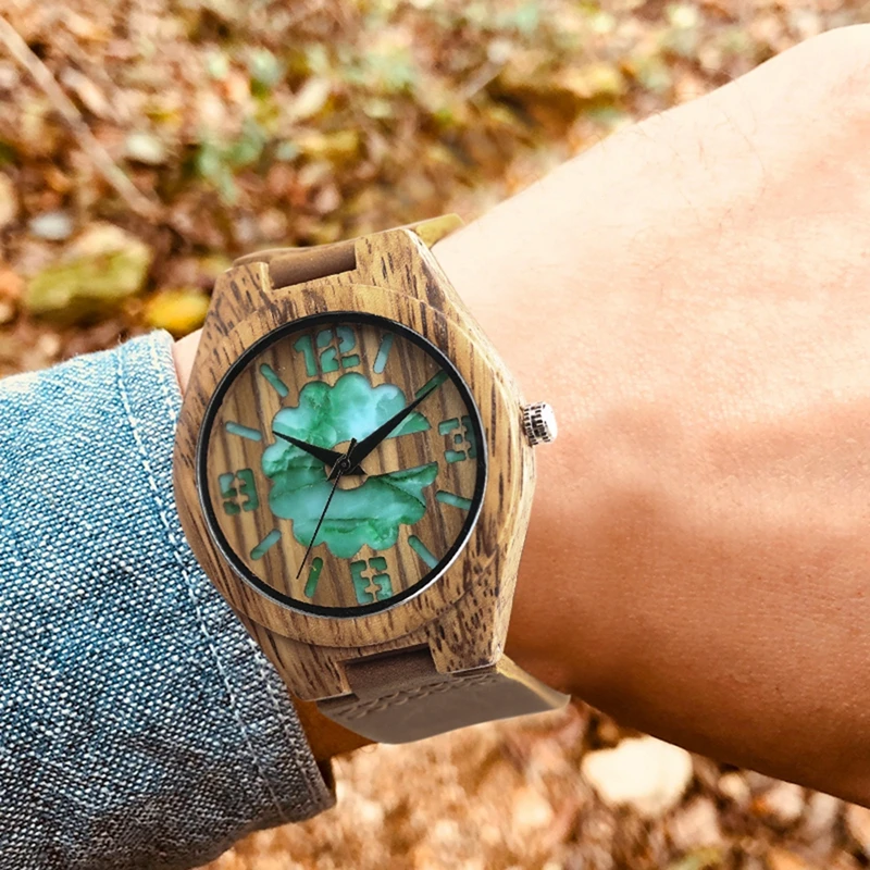 Top Gifts Wooden Watches for Men Vintage Coffee Unique Marble Dial Men's Watch Zebra Wood Green Quartz Analog Watch Reloj Hombre 2018 (15)