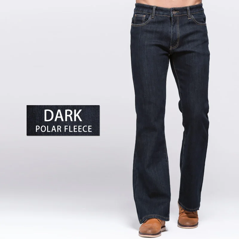 Ceny GRG męskie zimowe dżinsy Stretch zagęścić ciepłe spodnie Slim lekko rozkloszowane spodnie Boot Cut Fit polar runo Jeans