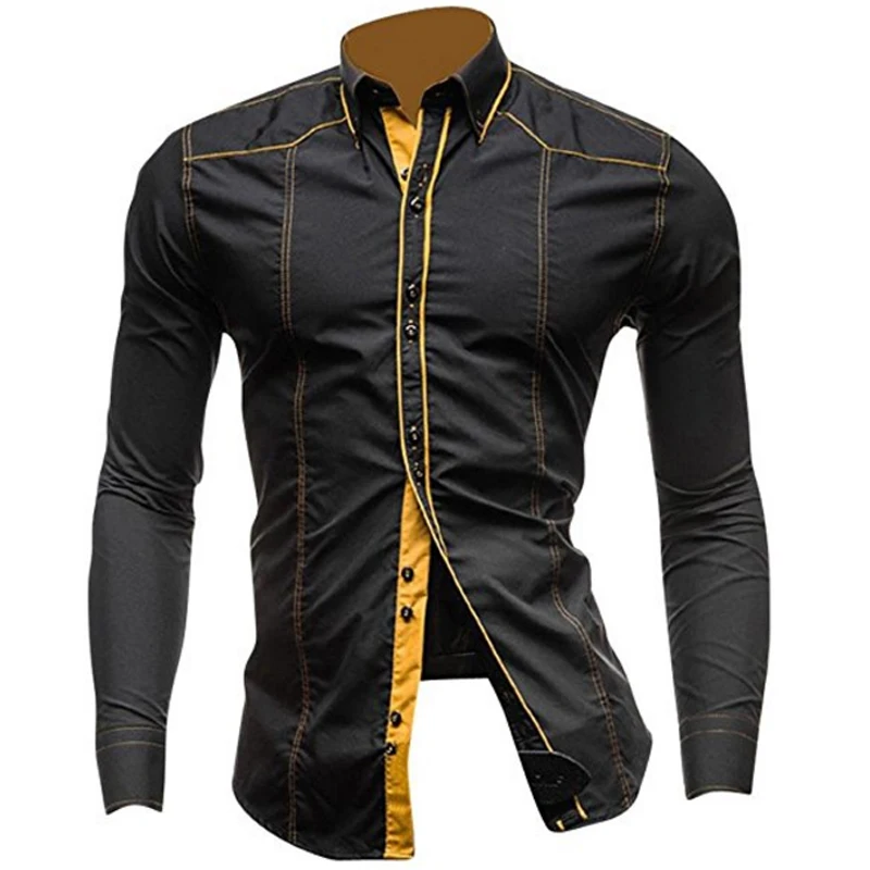 En Ligne 2018 Nouveau Designer Slim Fit Hommes Casual Chemise Mode À Manches Longues Encolure Frappé Couleur Sociale Chemise Masculine Chemises Chemise Homme