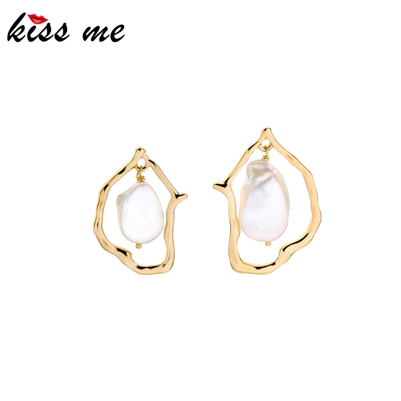 

kissme Asymmetric Design Irregular Alloy Baroque Pearl Drop Earrings For Women Gifts Gold Color Earrings New Fashion Accessories