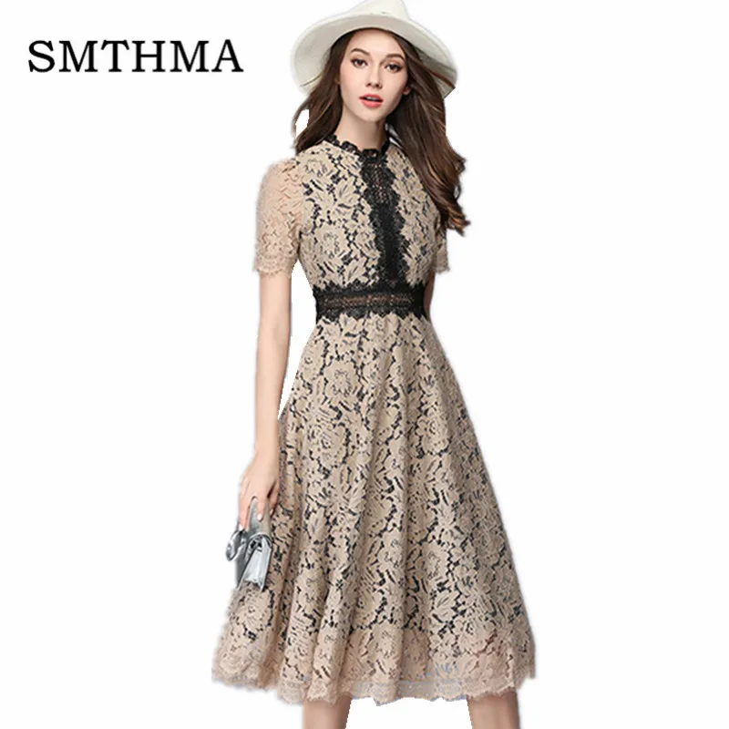 

SMTHMA 2019 Women High Quality Luxury Runway New fashion elegant vestidos Summer Lace Patchwork Long Dress