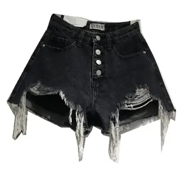 

plus size 5XL!Shorts Jeans for Women Summer Fashion Ladies single breasted Tassel Hole Denim Shorts with High Waist