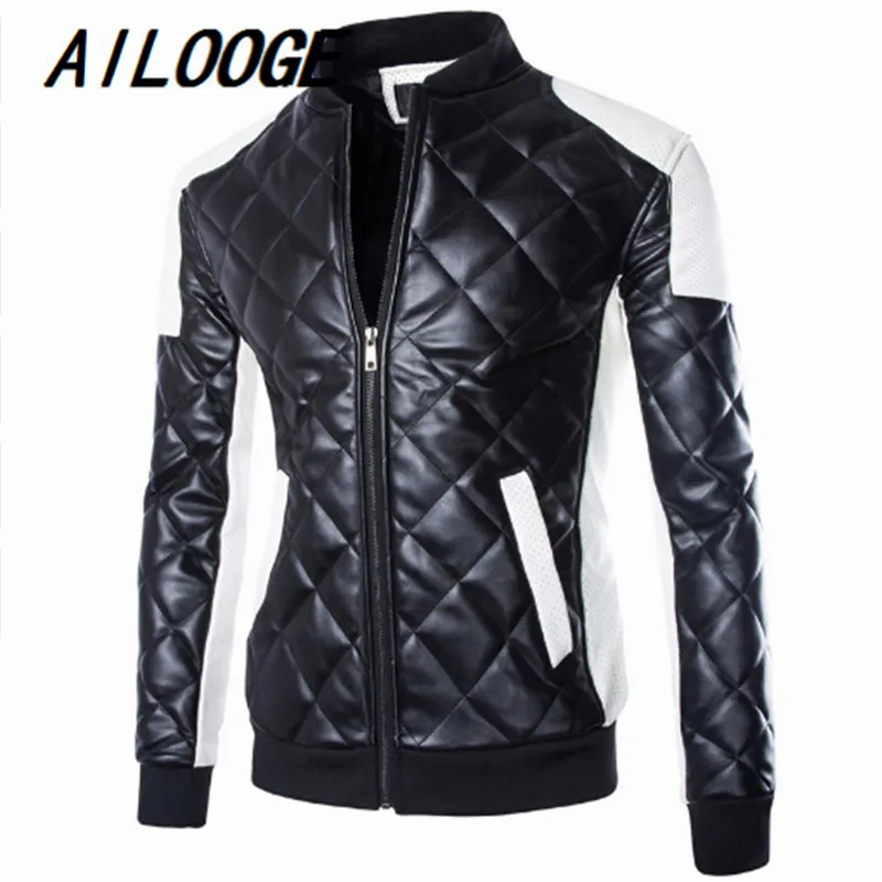 Mens Quilted Leather Jackets Coats White Black Contrast