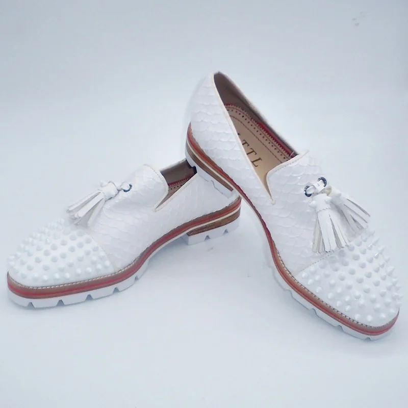 LOUBUTEN White Snakeskin Pattern Genuine Leather Tassel Loafers Slip On Men Dress Shoes Luxury Rivets Casual Shoes