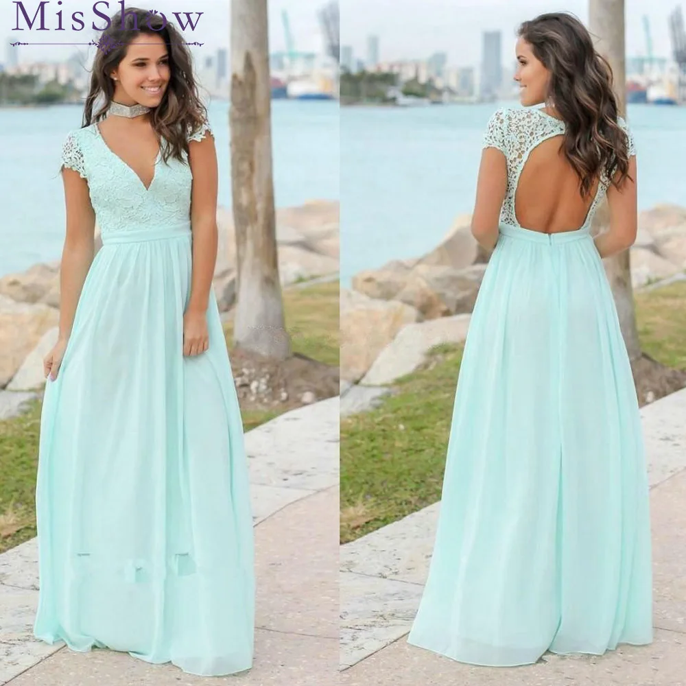 

New Mint Green Chiffon Bridesmaid Dresses A-line V-neck Cap Sleeve Lace Wedding Party Dress Elegant for Women Vestido De Festa