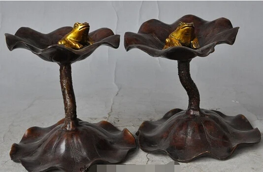 

B0601 5036" chinese pure bronze gilt animal Frog Lotus leaf Candle Holder Candlesticks statue