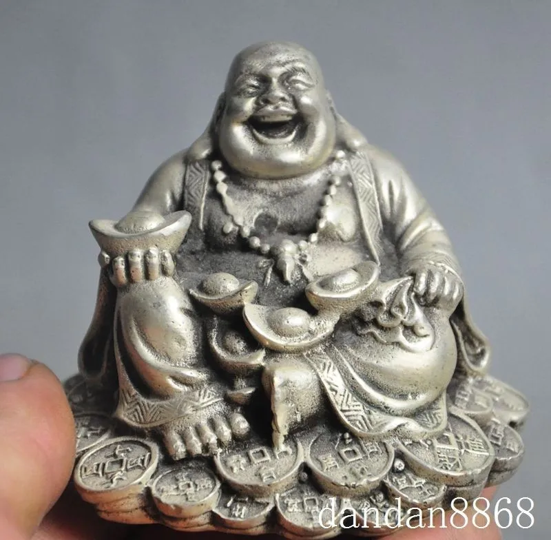 

TNUKK Chinese Buddhism tibet Silver Happy Laugh Maitreya Buddha hold Yuanbao Wealth Statue