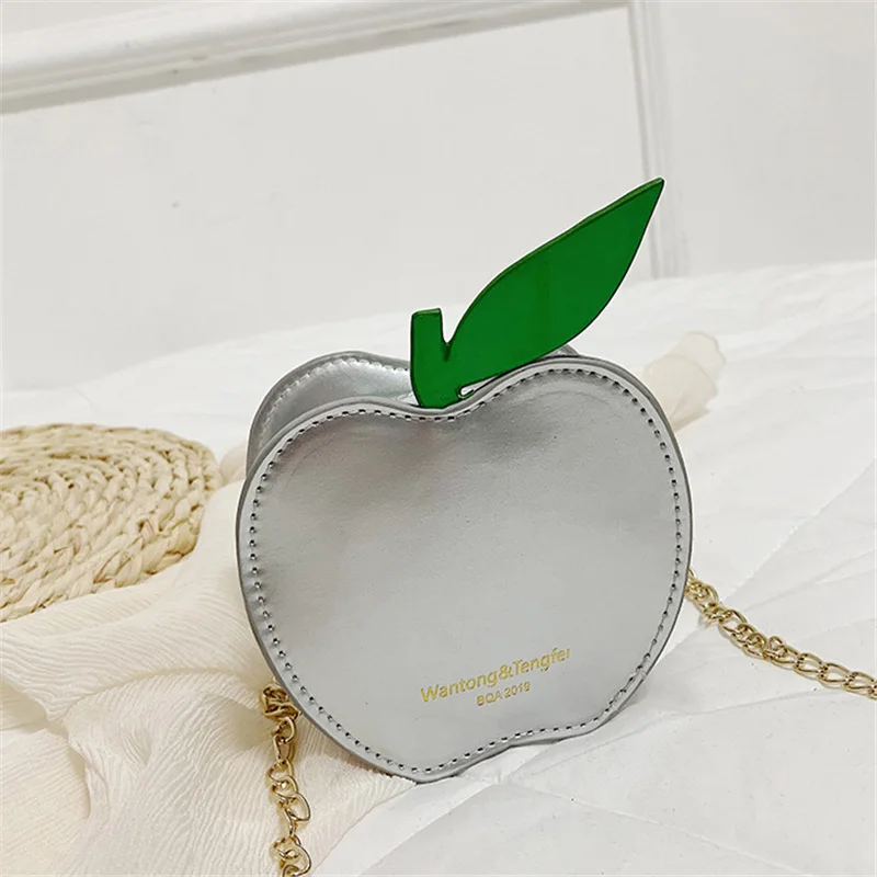 Children's Bag Cute Patent Leather Apple Bag Mini boys girls shoulder bag - Цвет: sliver