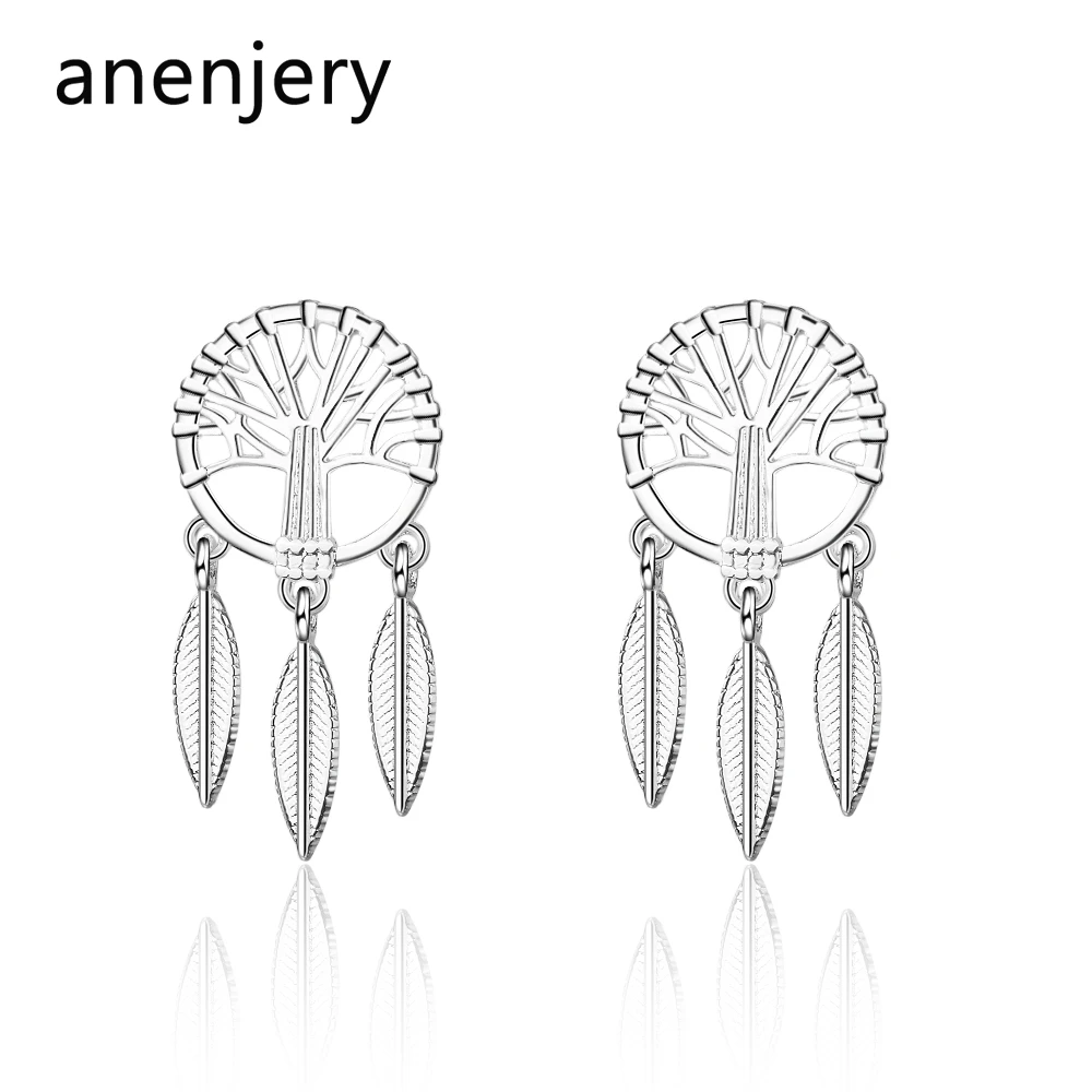 Anenjery, простые, 925 пробы, серебряные, полые, дерево, листья, серьги, для женщин, Ловец снов, кисточка, серьги, brincos oorbellen, S-E808