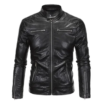 

New Retro Mens Motorcycle Jacket PU Leathe Stand Collar Slim Fit Thin Lightweight Classic Motorsiklet Punk Moto Jacket Coat