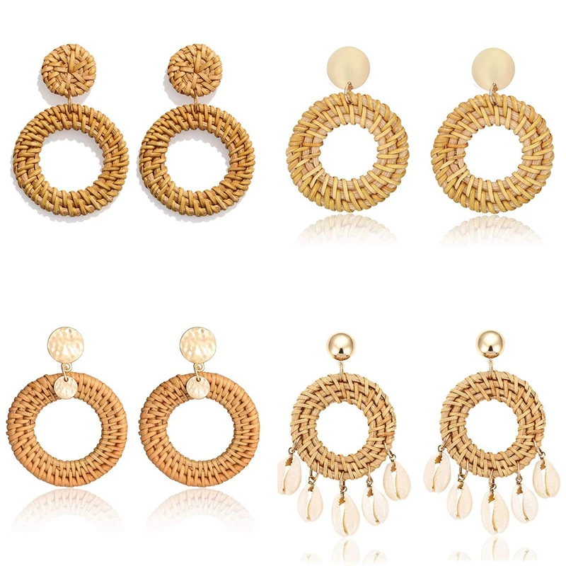 

Weave Straw Double Disc Drop Earrings Boho Rattan Dangle Statement Earrings, 4 Pairs