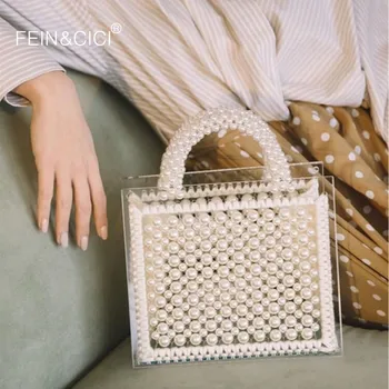 

Pearl bag clear transparent acrylic beaded box totes bag women party vintage woven handbag 2019 summer luxury brand white pink