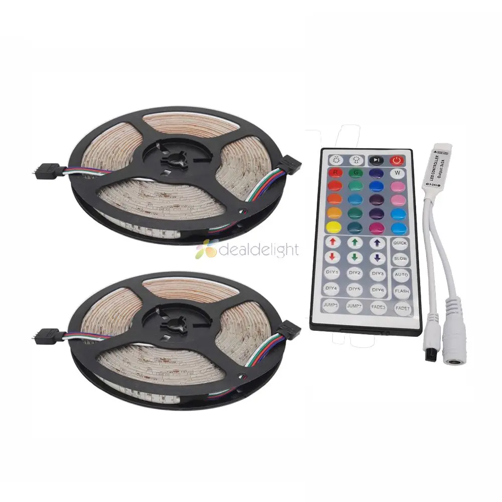 

10M 3528 SMD 2x5M 300 Leds RGB Waterproof Flexible LED Strip Light + 44 Key Mini IR Remote For Home Decoration Freeshipping