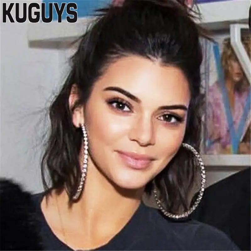 

KUGUYS Gold Silver Round Earrings for Womens Jewelry Pendientes Trendy Crystal Large Hoop Earring Wedding Accessories Brincos