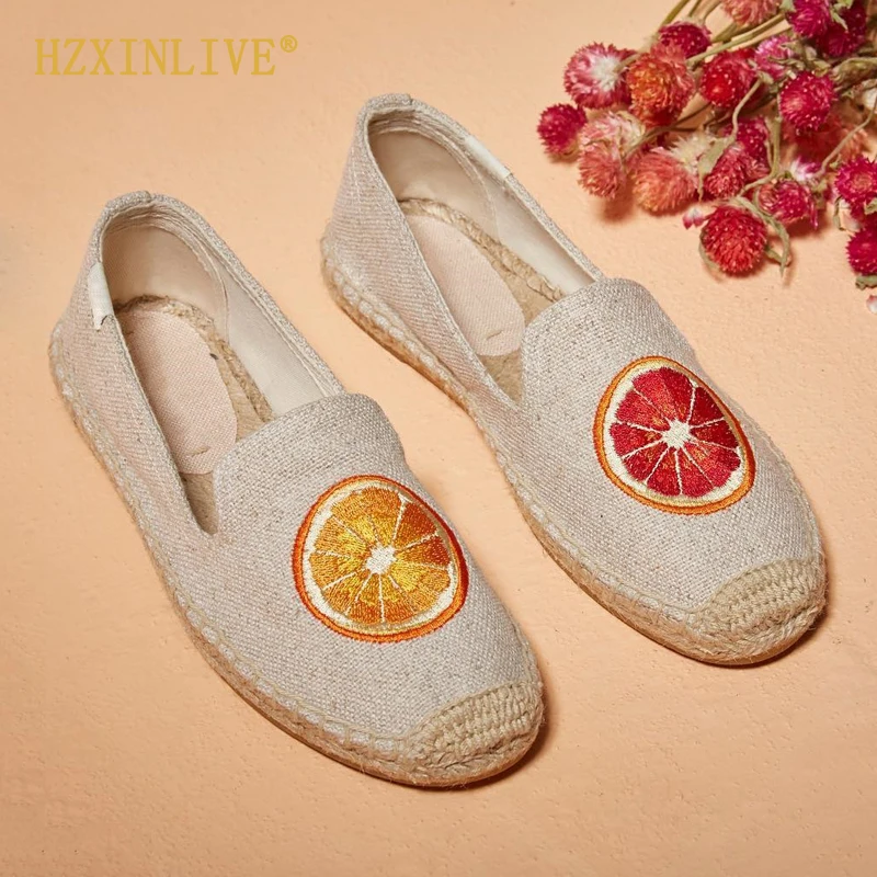 

Orange Embroider Espadrilles Women Slip on Platform Shoes Woman Hemp Canvas Flat Shoes Ladies Casual Beach Flats