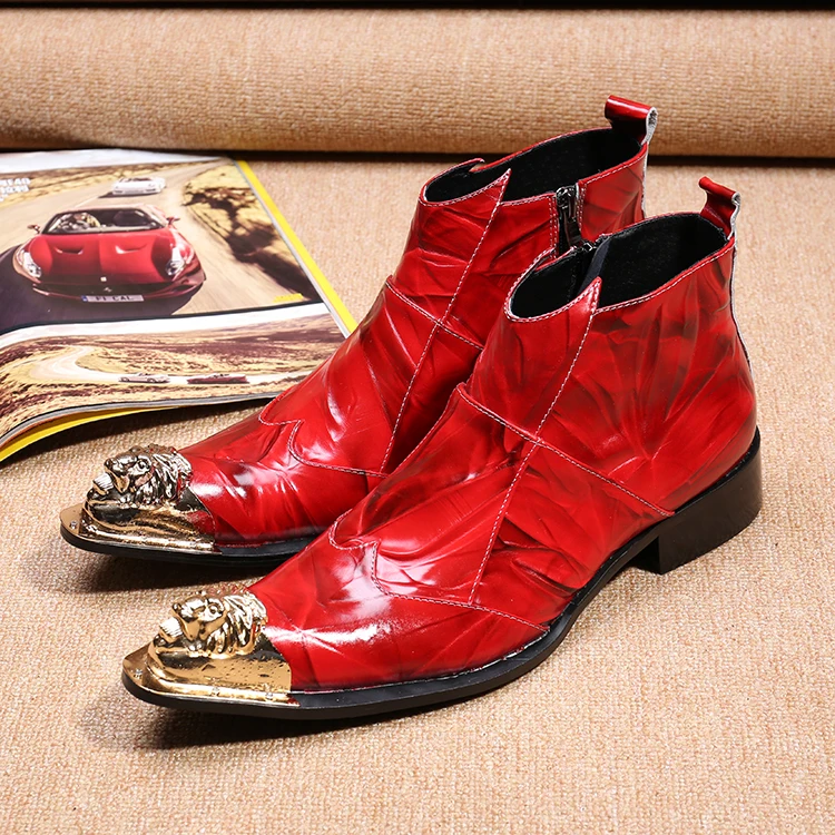 

Red Metal Pointed Toe Mens Shoes Soft Leather Botas Hombre with Zipper Rivets Decor Spring Autumn Ankle Boots Plus Size 38-46