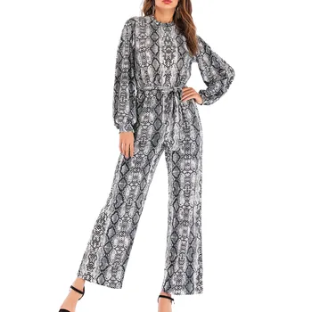 

Women Snake Pattern Jumpsuit Long Sleeves Loose Slim Fit Female Rompers with Belt XRQ88