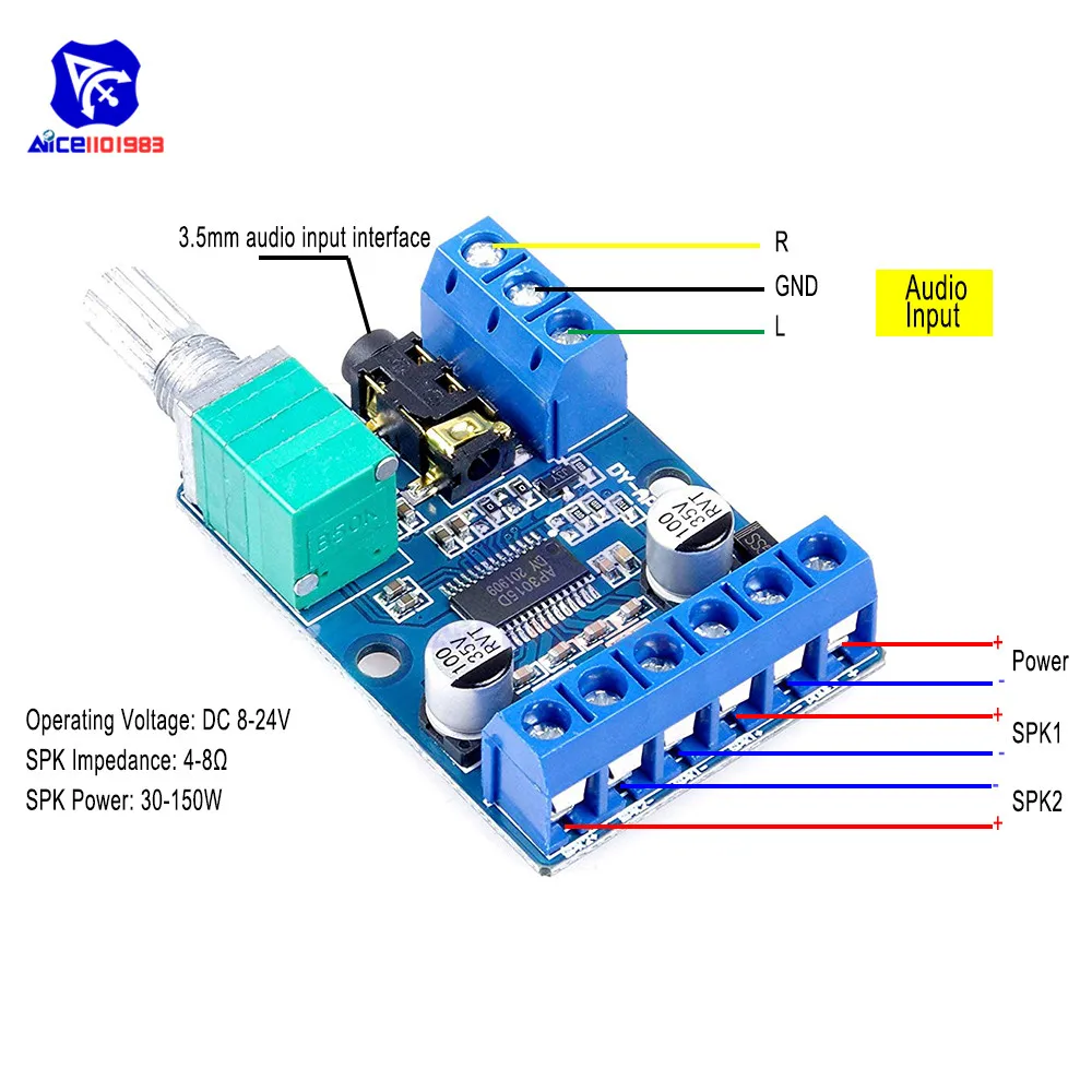 

DY-AP3015 DC 8-24V 30W * 2 Class D Dual Channel High Power Stereo Digital Amplifier Board with Adjustable Volume Potentiometer