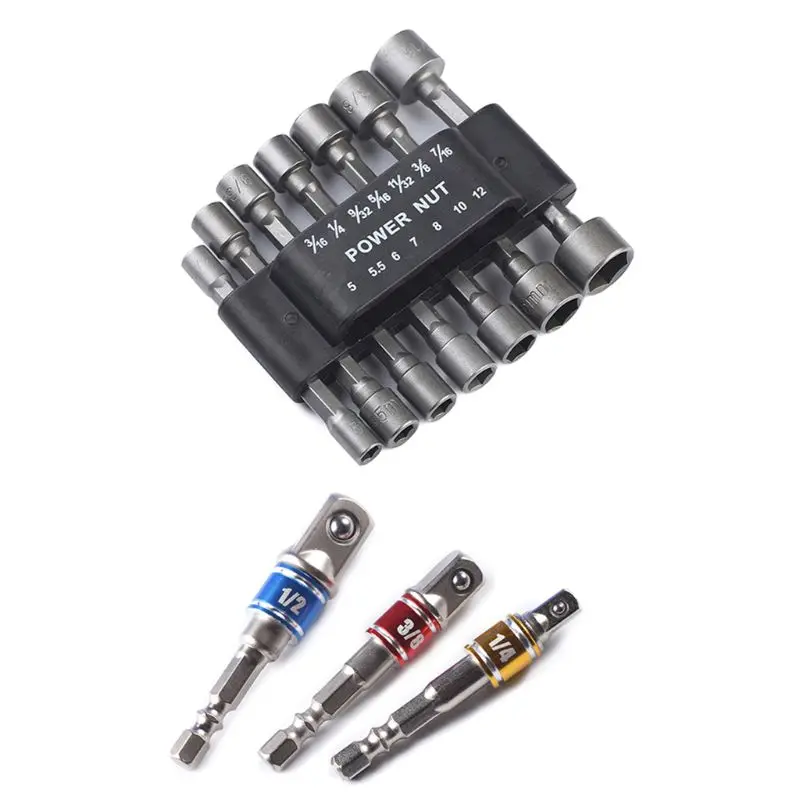 

diy tools 14pcs Power Nut Driver Drill Bit 1/4'' Driver Hex + Impact Drills Driver Socket Bit Set Hex Shank Adapter Drill Nut