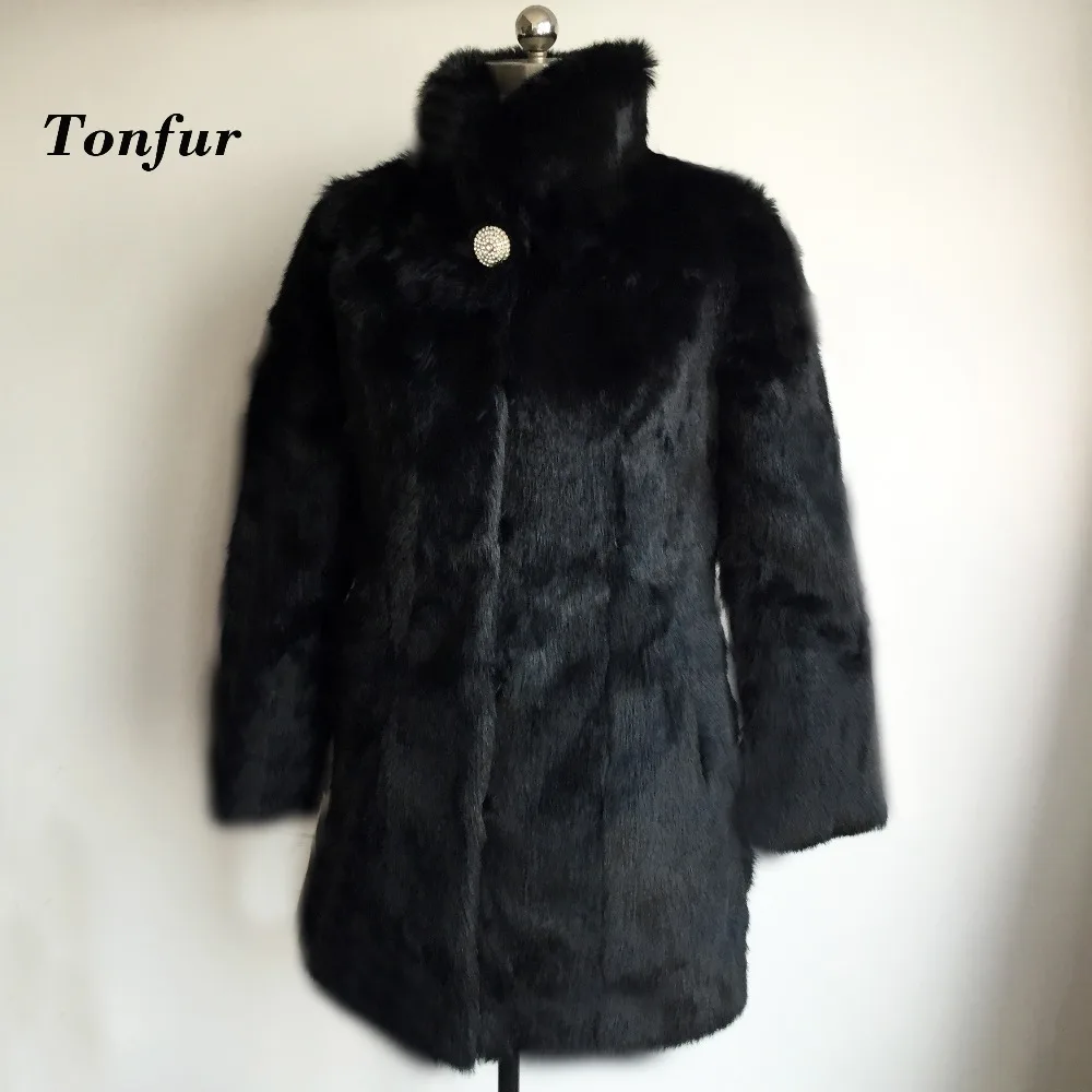 

2019 New Arrival Diamonds Decorate shinning button 100% pure natural rabbit fur long coat women whole skin fur outwear tbsr65