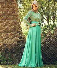 New Appliques Chiffon Long Sleeve Evening Dresses Lace Vestidos De Festa Abaya Kaftan Muslim Evening Dresses Hijab Long Dress