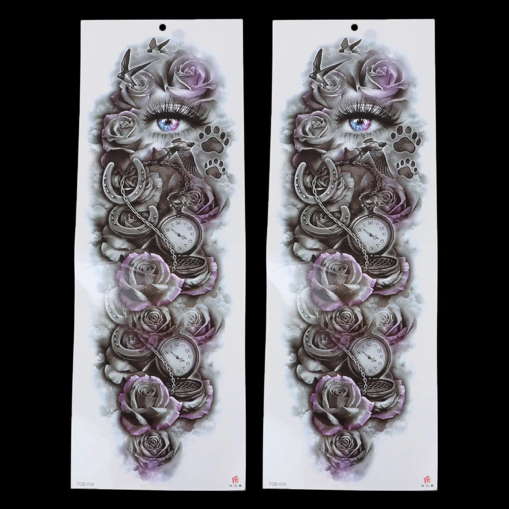 2Pcs Full Arm Waterproof Floral Arm Temporary Tattoos Stickers Tiger Rose Sticker Eyes Clock Tattoo Accessories Set of 2 Sheets