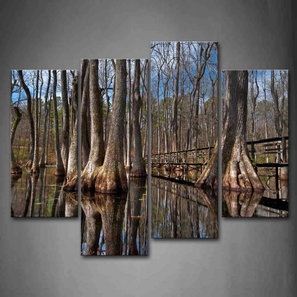 

Framed Wall Art Pictures Trees Swamp Canvas Print Landscape Modern Posters With Wooden Frames For Home Living Room Decor
