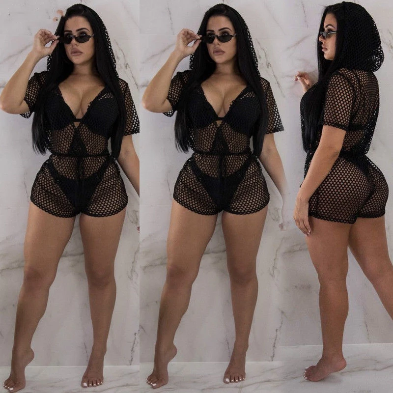 

Summer Women Sheer Mesh Bikini Cover Up Net Swimwear Playsuit Black Short Sleeve Swimsuit Bathing Summer Beach