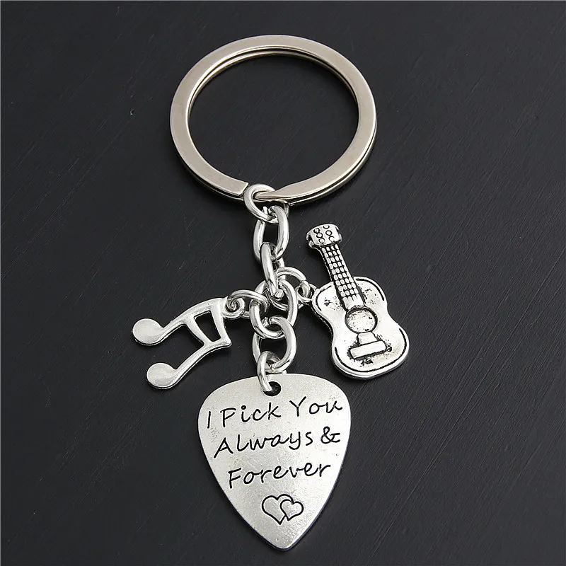 

1pc Silver Guitar Pick Keychain Boyfriend Dad Husband Gift I'd Pick You Every Time Key Ring Music Jewelry Key Chains E2225