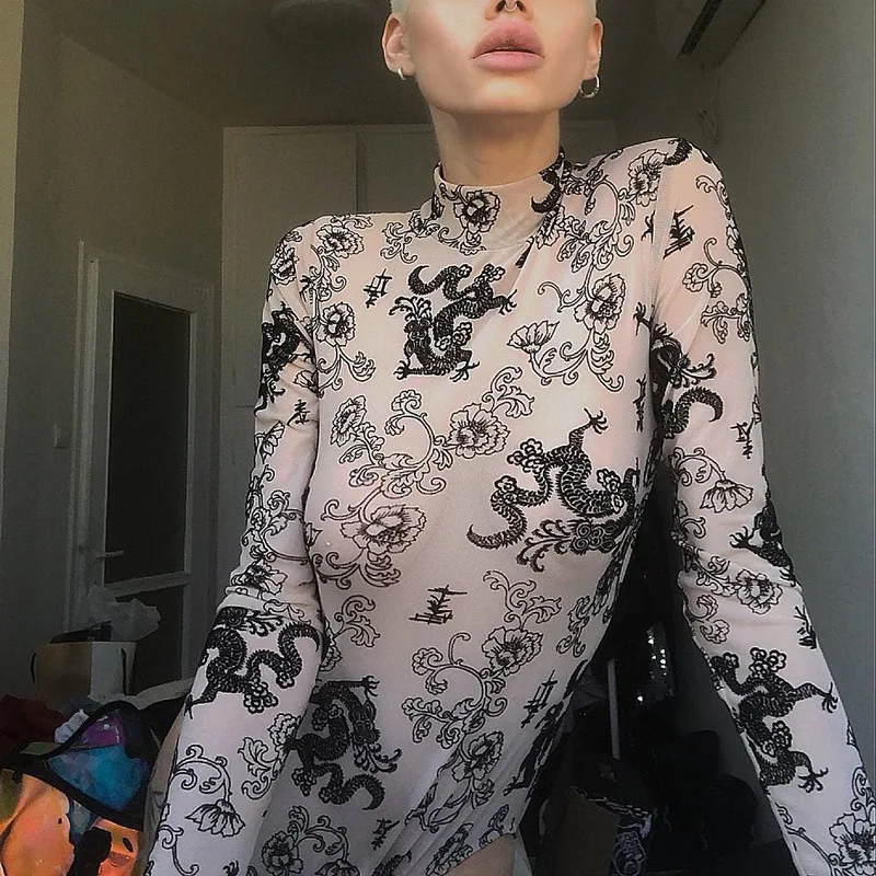 

Pholeey Spring Women Bodycon Bodysuits Flowers and Dragon Print High Neck Bodysuit Lace Women's Long Sleeves Tops+Thong BodySuit
