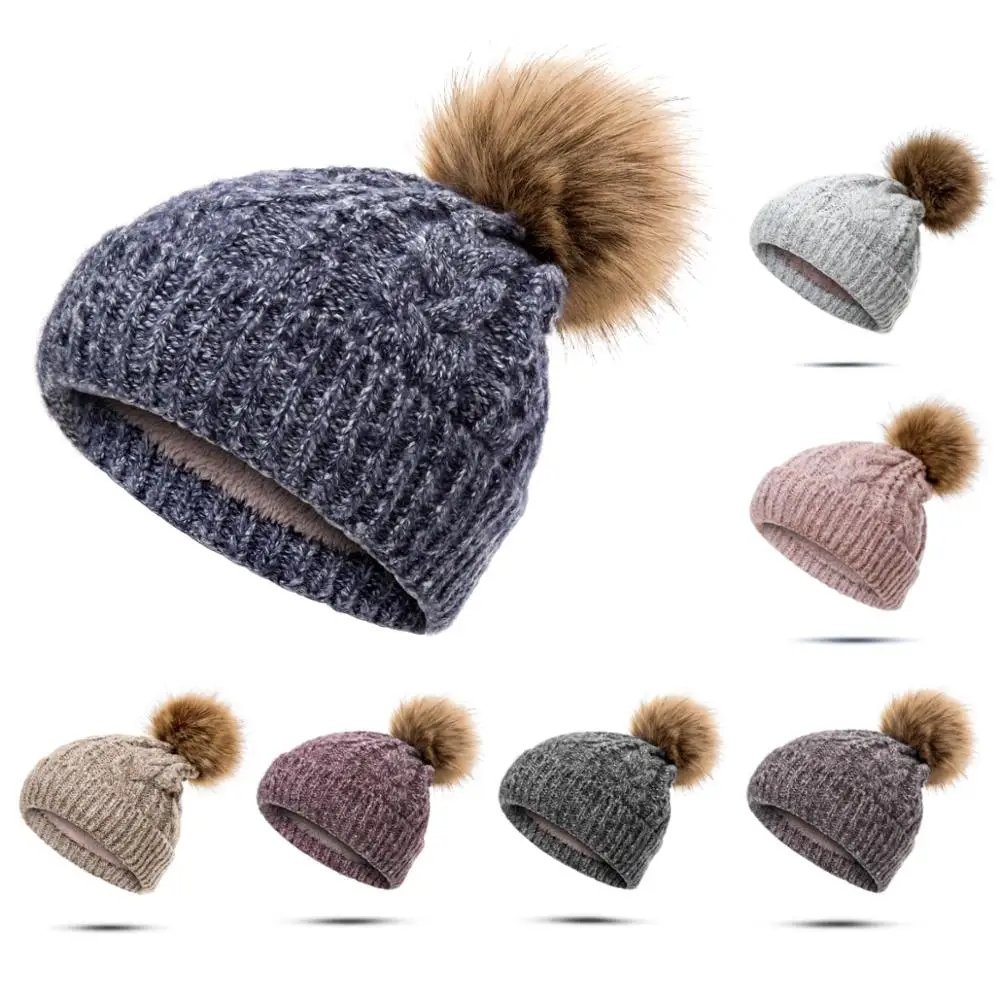 

2019 Fashion Winter Knitted Hats For Women Pompoms Ball Winter Hat Female's Thicken Warm Skullies Beanies Soft Soild Color Hat